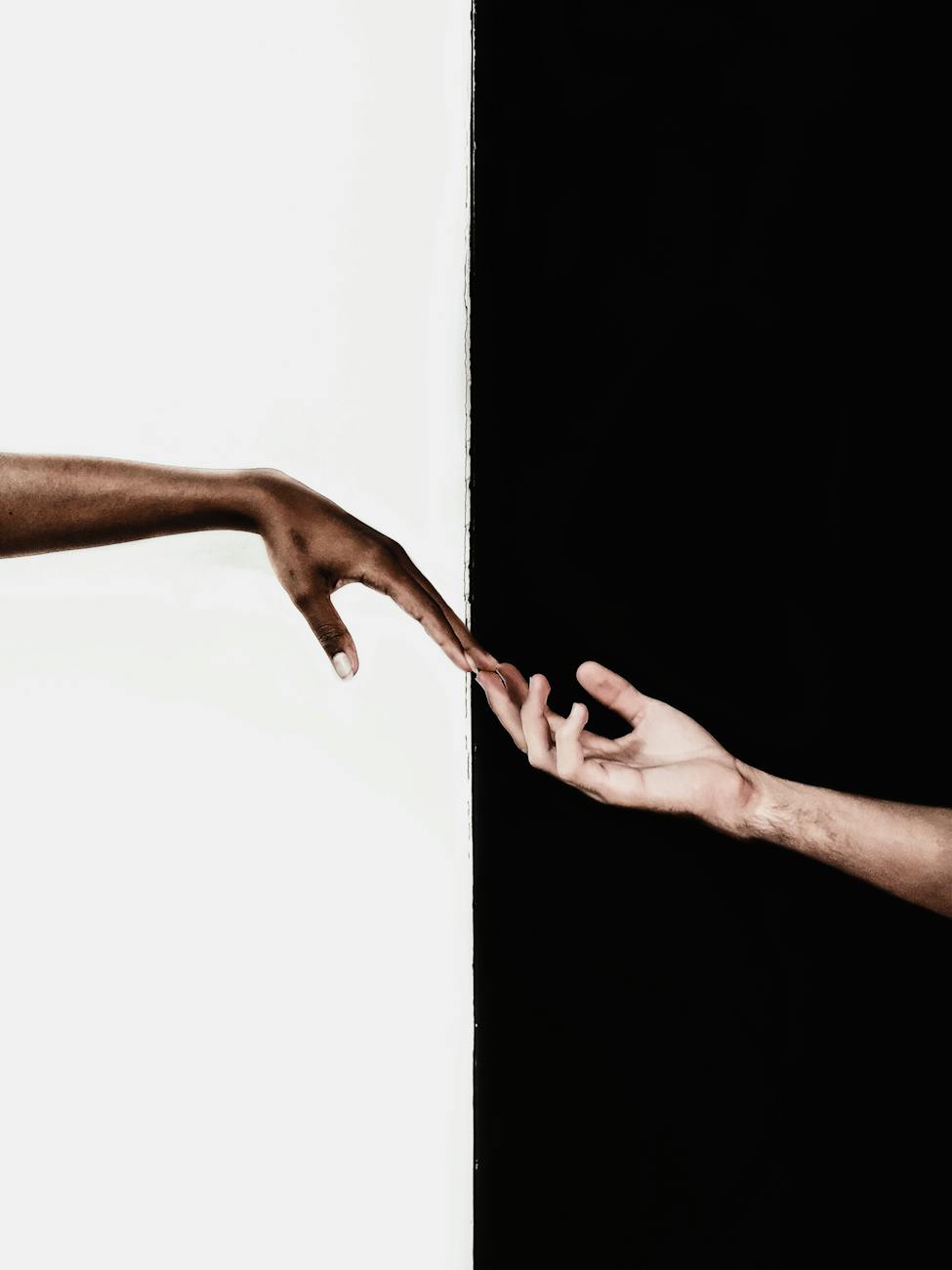 hands in front of white and black background